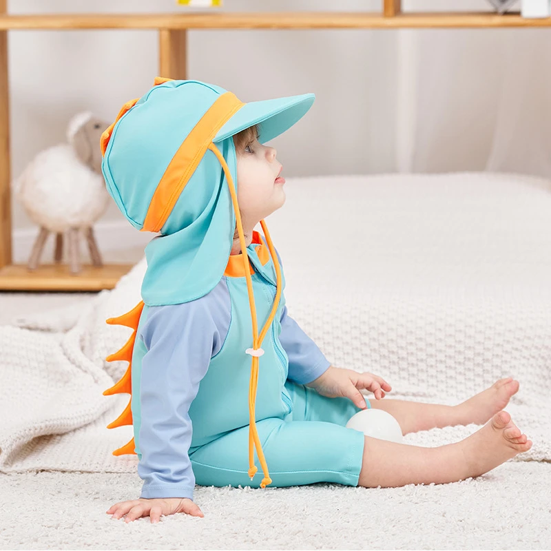 Kids Swimsuits Baby Swimsuit One-Piece Bathing Suit Boy with Sun Cap UPF50 UV Protection Long Sleeve Dinosaur Children's Swimwear for Toddler