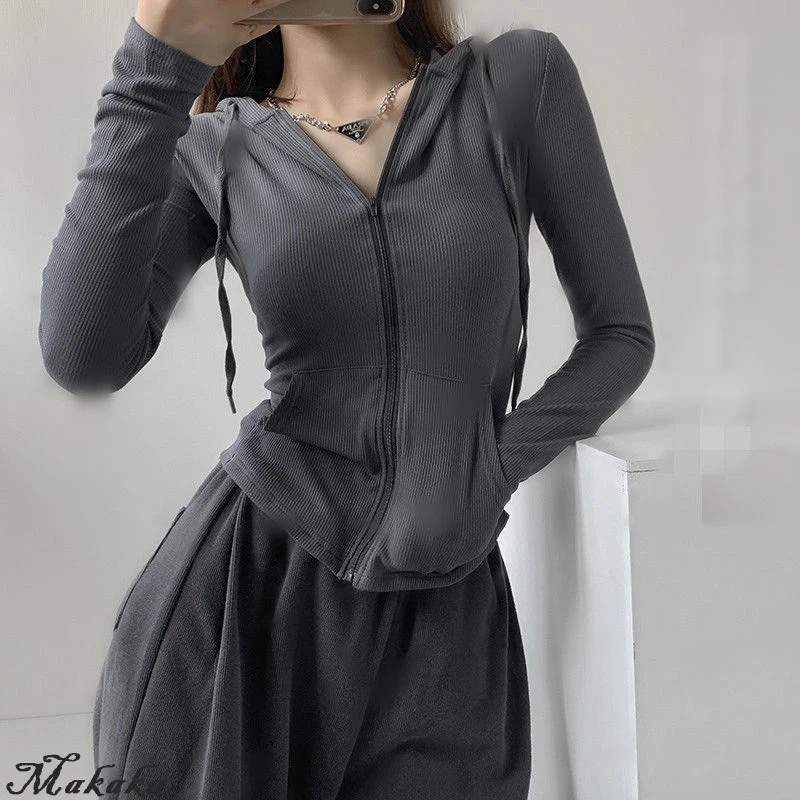 

Women's Gothic Streetwear, Zip Up Oversized T Shirts, Vintage Sexy, Solid Hooded Cardigan, Long Sleeve Cropped Tops, Tracksuit