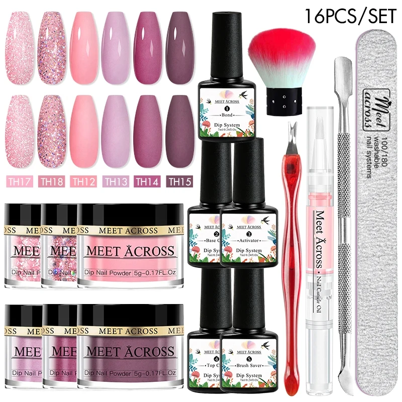 MEET ACROSS 5g/can Dipping Powder Starter Set With dip system Liquid kit Glitter Powder Dust Dip Nails Kit For Manicure