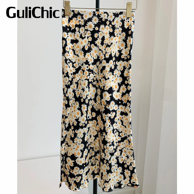 

7.8 GuliChic Women Vintage Silk Daisy Print High Waist A-Line Skirt