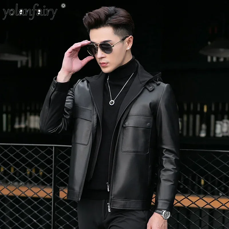 

New Genuine Leather Coat Men's Sheepskin Hood Short Down Jackets for Men Thickened Autumn/Winter Real Leather Puffer Jacket FCY