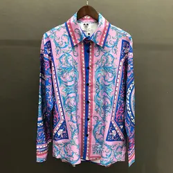 Retro Ethnic Palace Print Shirt Fashion Long Sleeve Hip Hop Party Stagewear Social Shirt Bohemian Holiday Print Shirt For Men