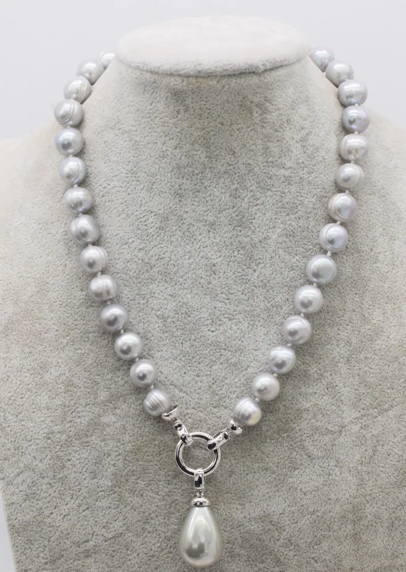 Handmade 10-11mm freshwater pearl gray near round water drops shell pearl pendant necklace 45cm