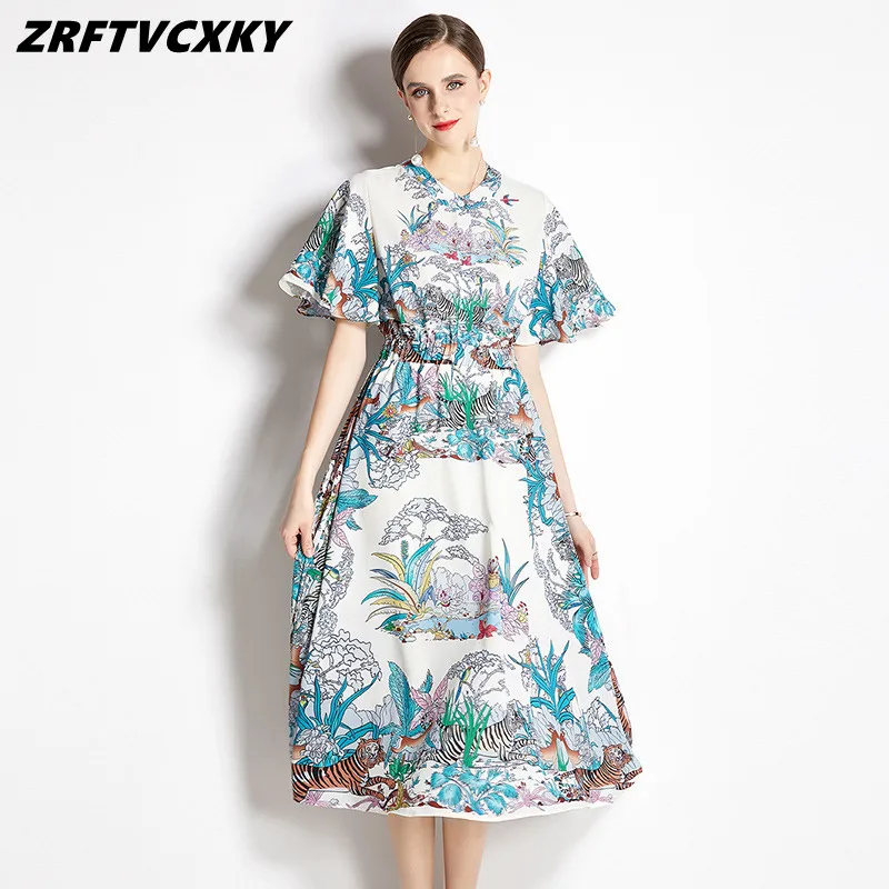 

New Fashion Design Women Dresses Runway Summer Short Sleeve High Street Elastic Waist Animals Flowers Print Vintage Midi Dress