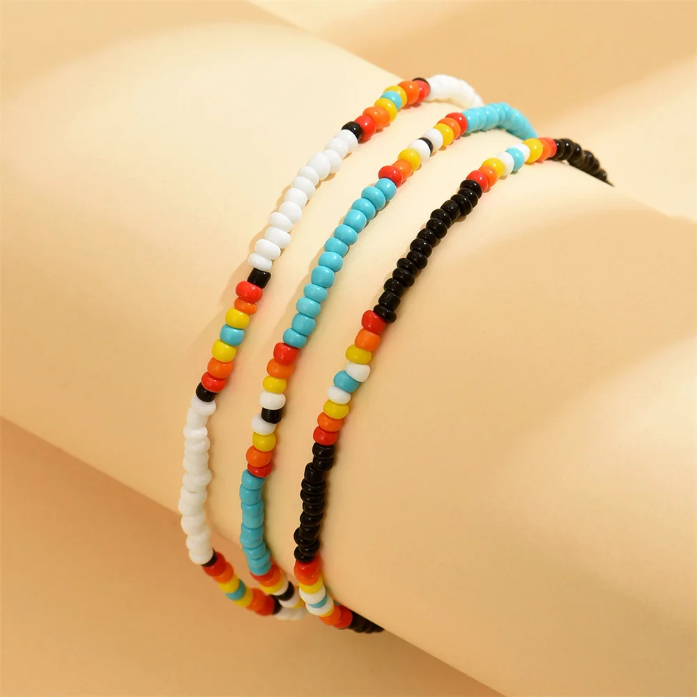 3pcs/Set Multicolor Rice Beads Anklets For Women Silver Color Rainbow Foot Chain Ankle Bracelet Beach Jewelry Summer Accessories