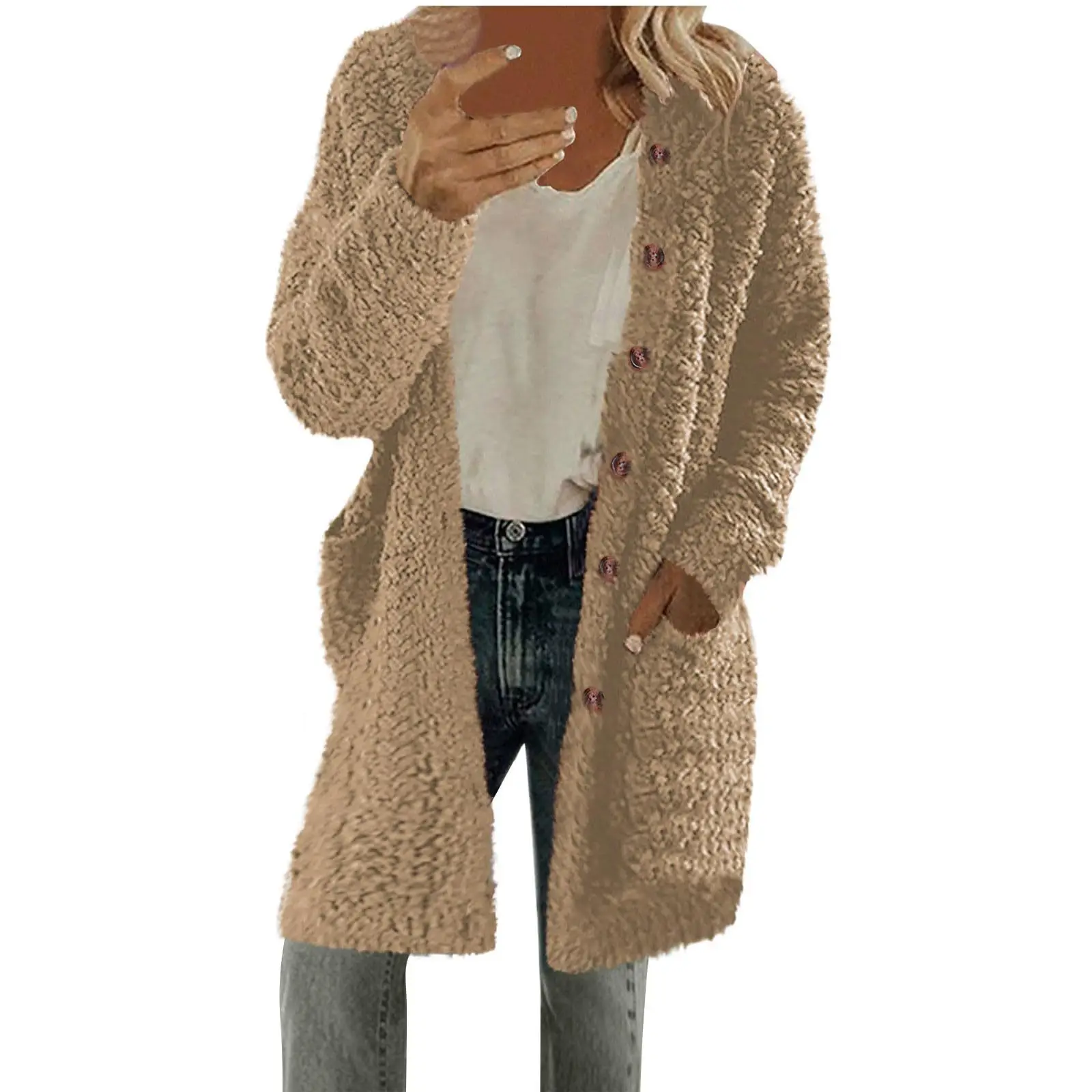 Women Autumn Winter Fleece Long Sleeve Cardigan Coat