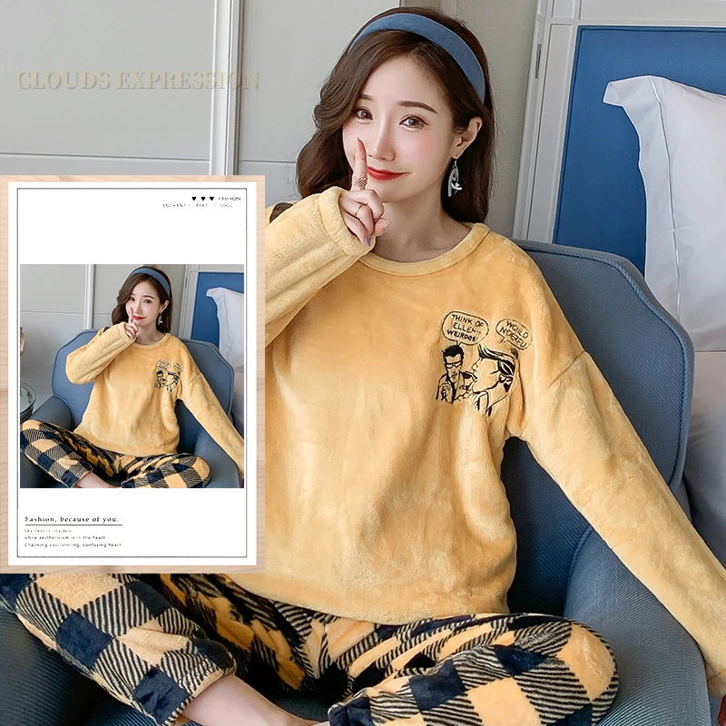 Autumn Winter Flannel Women's Pajamas Sets Cute Polka Dots Printed Teddy Sleepwear Velvet Homewear Set Girl Pijamas Mujer Pyjama
