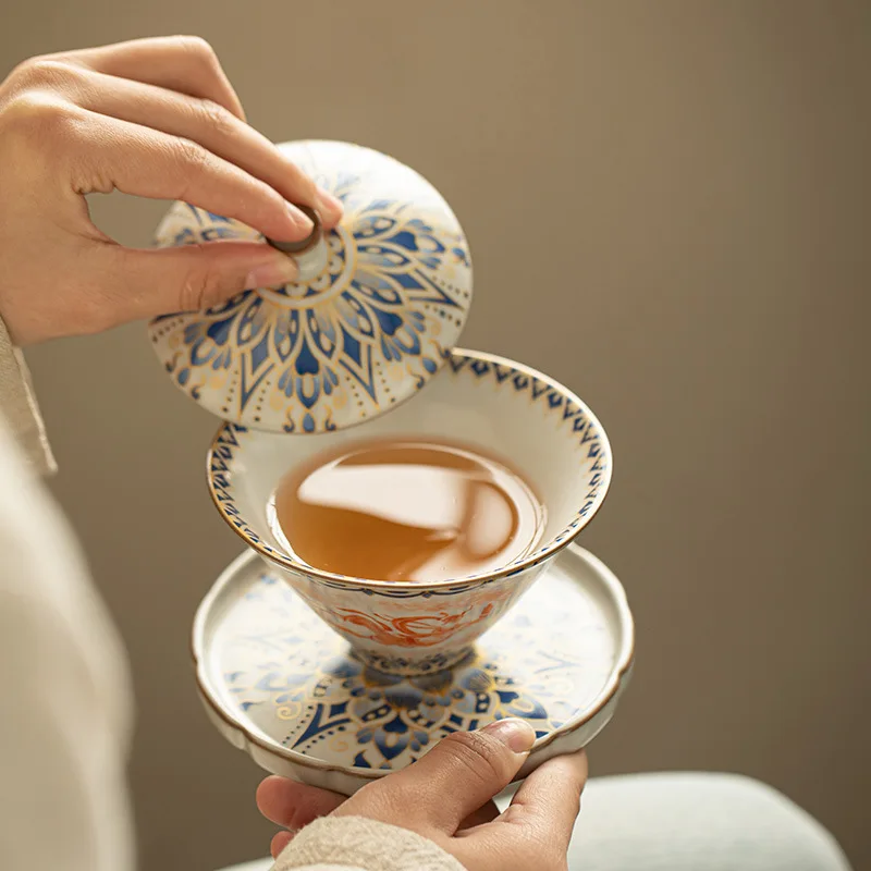 Jingdezhen Ceramics Rubbing Kweichow Moutai Dunhuang Tureen Kung Fu Tea Set Teacup Bamboo Hat Horseshoe Gaiwan Set, Covered Bowl