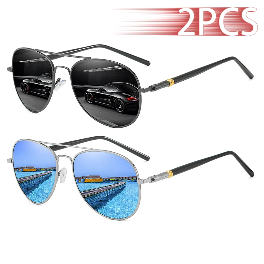 2 Stück Modische Vintage Piloten-Sonnenbrille mit Metallrahmen für Männer und Frauen, Angeln und Autofahren, Luxusmarken-Designer-Sonnenbrille