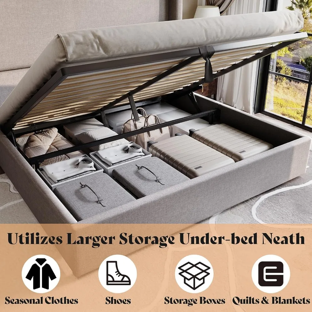 Lift Up Storage Bed Queen Size Linen Upholstered Platform Bed Frame, No Box Spring Needed, Mattresses 6