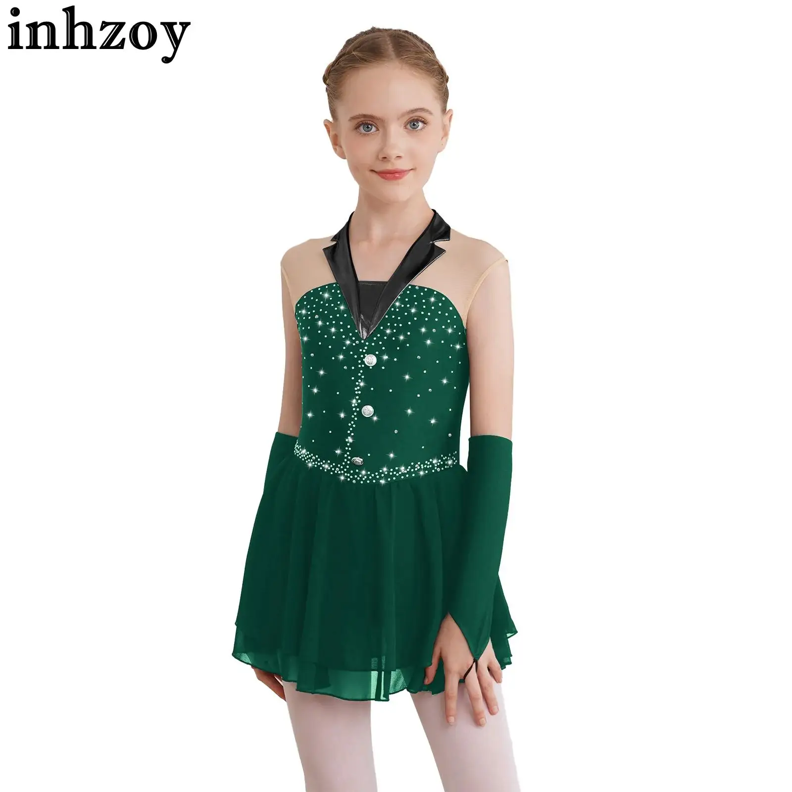 

Kids Girls Figure Skating Dress Ballet Dance Gymnastics Latin Cha-cha Performance Costume Shiny Rhinestone Tutu Dress Leotards