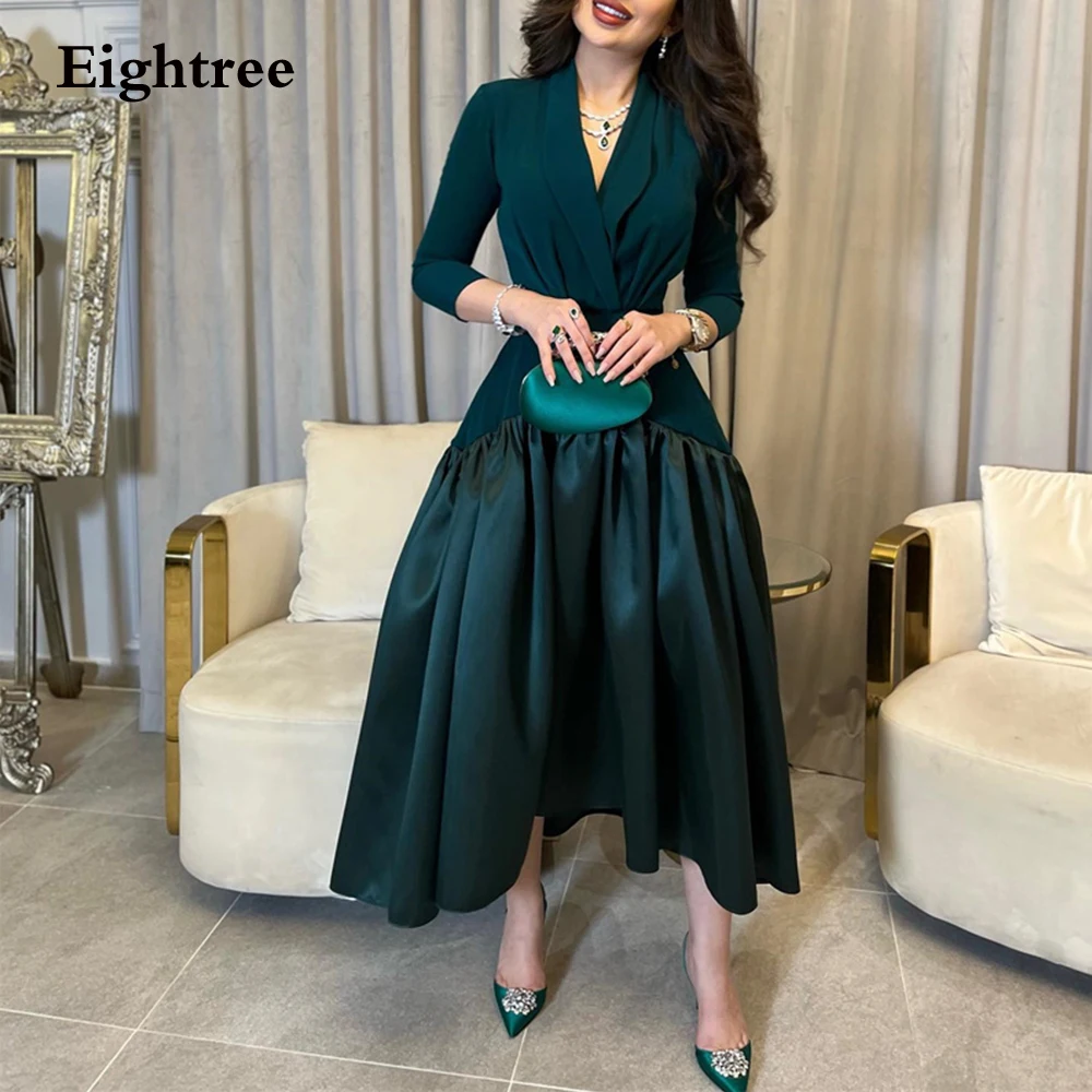 Eightree ciemny zielona suknia wieczorowa z długim rękawem Satin V Neck Tea długość Vintage Arabia saudyjska sukienek sukienki dla kobiet 2023