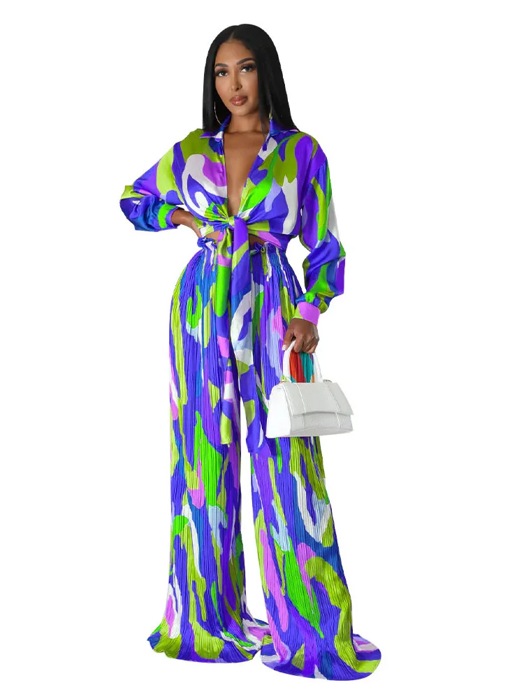 

Print Pleated Women's Set Long Sleeve Shirt Hem Tie-up Short Tops And Wide Leg Pants High Waist Suits Sexy Party Two 2 Piece Set