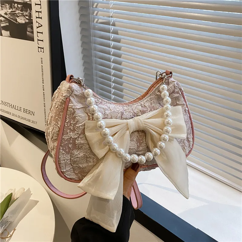 Summer Small Bag Women New Fashion Slung Shoulder Bag Pleated Cute Bow Pearl Handbag Luxury Brand Female Crossbody Bag