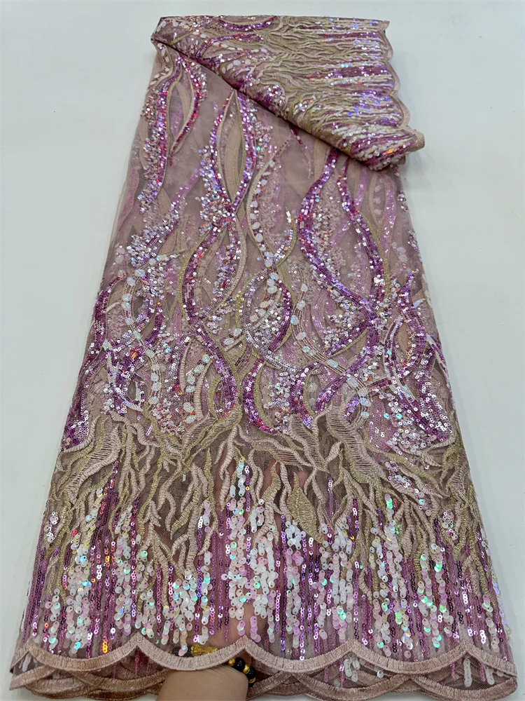 

Latest French Mesh Net Sequins Lace Fabric High Quality African Nigerian Tulle Lace Fabric 5 Yards For Wedding Party