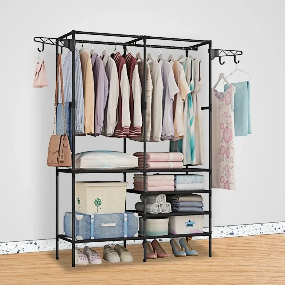 Clothes Rack Double Row Large Floor Hangers with Hanging Hooks Rods Household Simple Storage Shelf Coat and Shoes