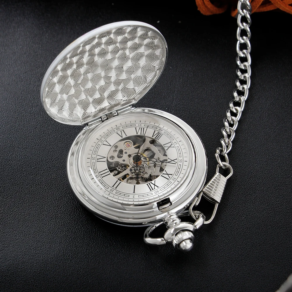White Ceramic Exquisite Chinese Flower Pattern Silver Hollow Mechanical Pocket Watch Best Holiday Gift for Men and Women