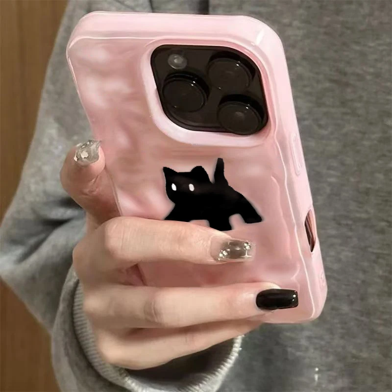 Chic Black Fuzzy Cat Shockproof Phone Case - Candy Color Wave Pattern Protective Cover