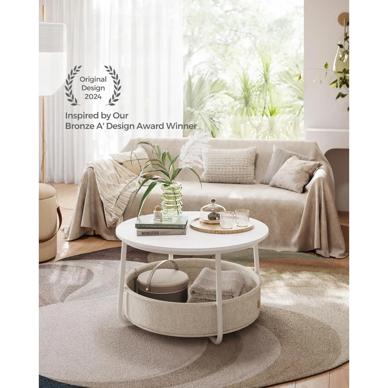 Coffee Table with Storage, Round Center Table for Living Room with Fabric Basket, Modern Style, Metal Frame, Matte White 3