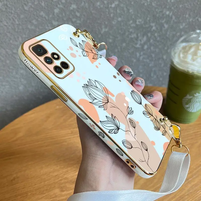 

Simplicity Plants Lanyard Plating Phone Case For Xiaomi Redmi 10 10A 12C 9 10C 9T 9A A1 9C Cover