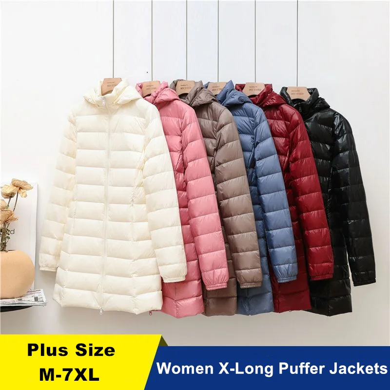 Women's Long Puffer Jackets New Winter 90% White Duck Down Warm Hat Detachable Female Ultra Lightweight Packable Down Coats