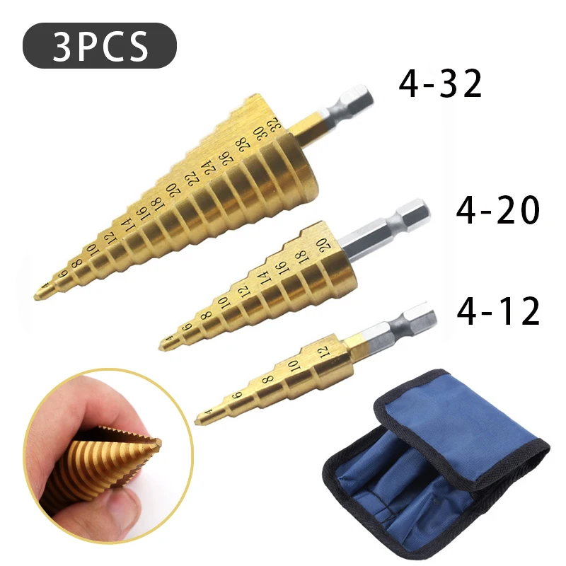 3pcs 4 - 12 / 20 / 32mm Cloth Bag Titanium Coated Metal Hex Core Drill Bits Hss Step Drill Bit Set Cone Hole Cutter Taper Metric