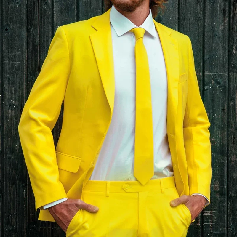 Yellow Casual Men Suit For Prom 2 Piece Slim Fit Groomsmen Tuxedo With Notched Lapel Wedding Male Fashion Blazer Pants