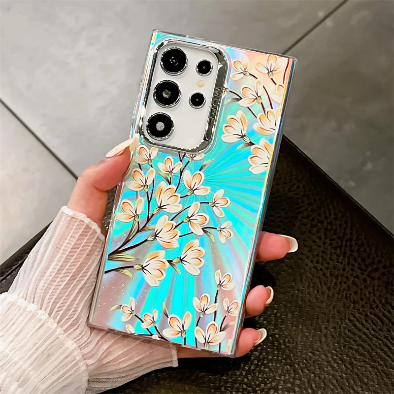 Coque de téléphone à motif de fleur laser pour Samsung Galaxy S25 A14 A15 A55 A54 A25 A35 A34 S23 FE S24 Plus S22 Ultra Hard PC Matte Back Cover_voghion.com