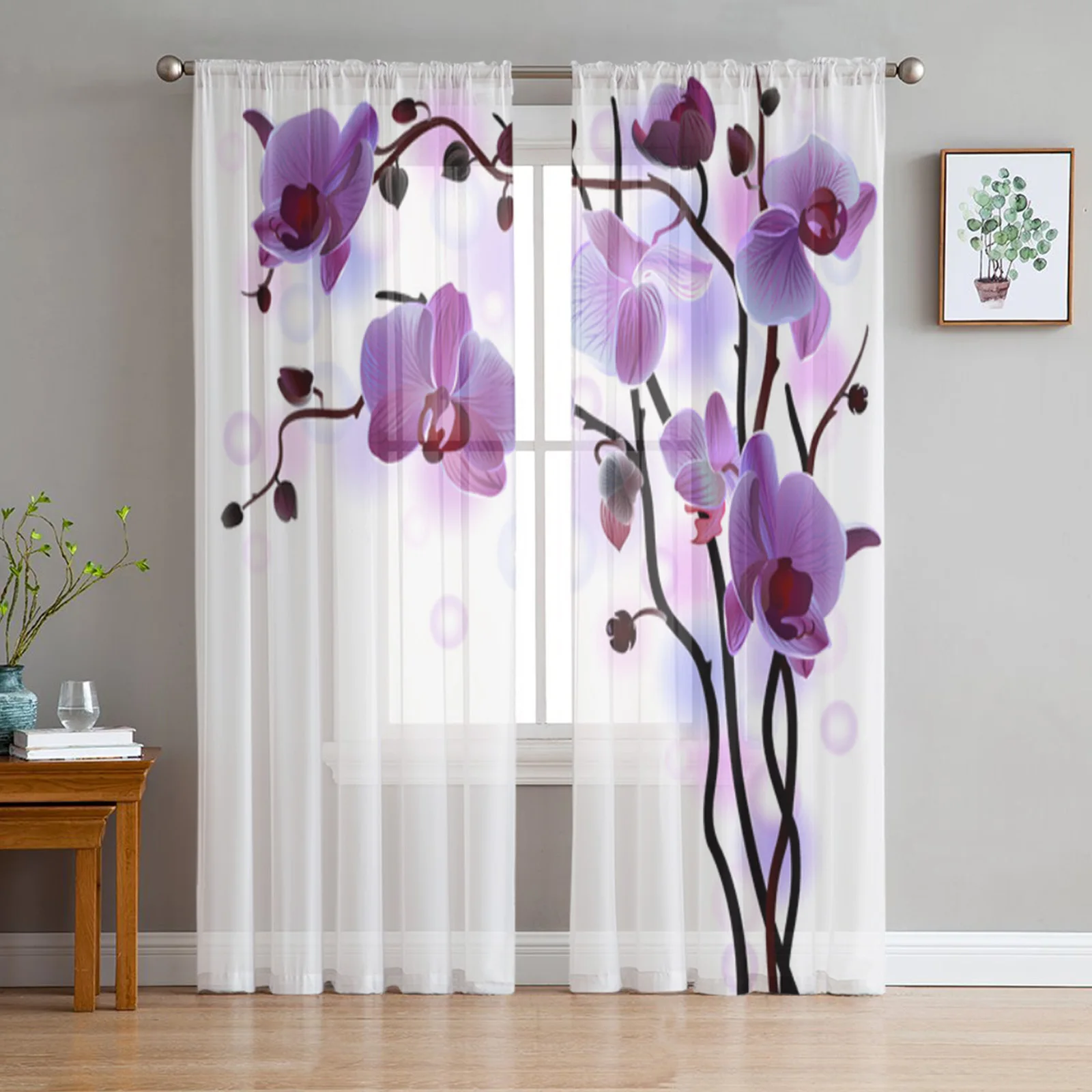 Purple Orchid Flower Tulle Sheer Window Curtains For Living Room The
