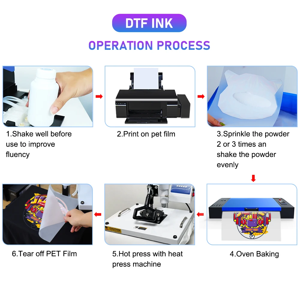 100ML*6 DTF Ink Kit 1KG DTF Powder Hot Melt Adhesive for T-shirt Transfer Printing for Epson L805 L1800 XP600 Printer Ink