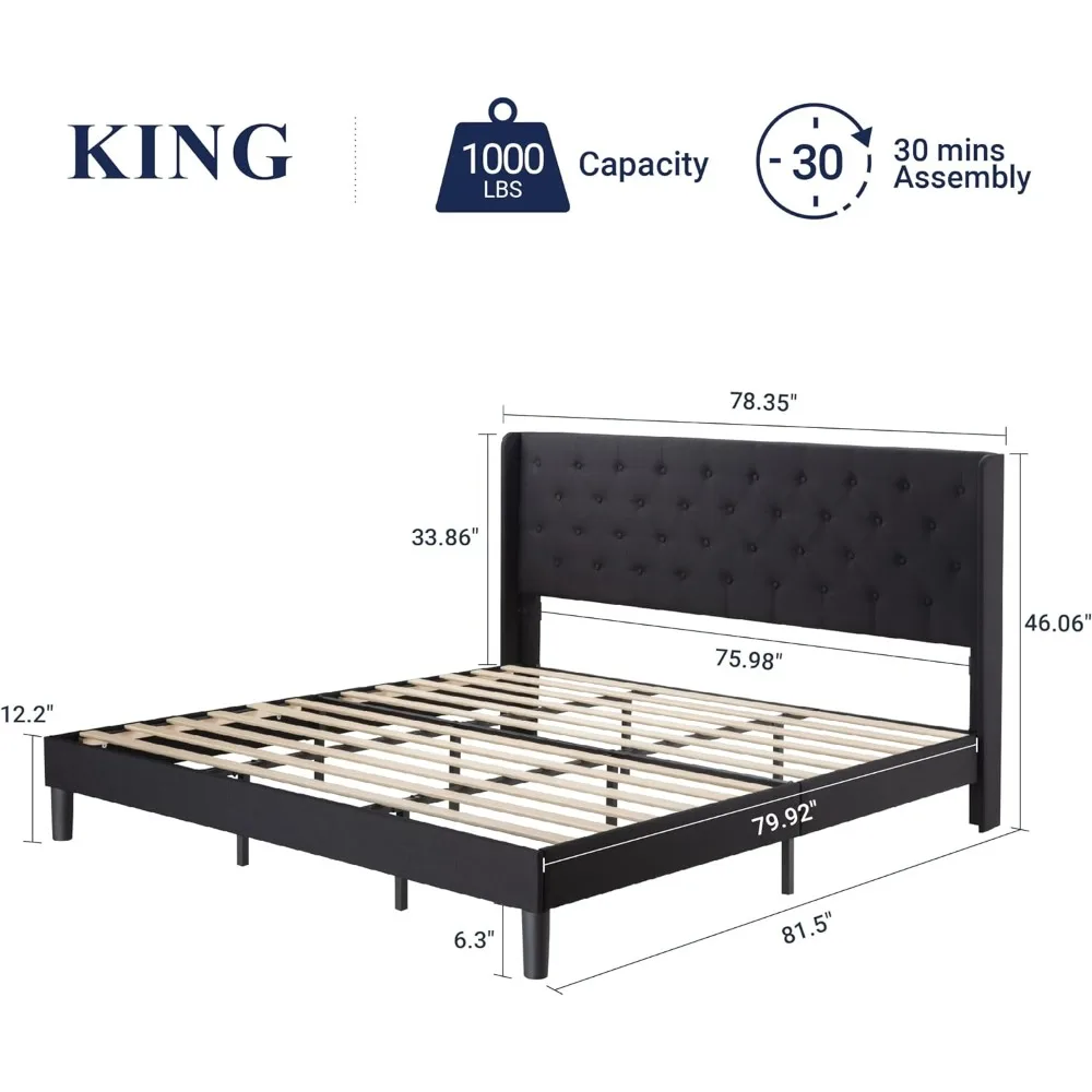 

Bed, oversized padded platform bed frame with wing back and button tufted headboard, supported by wooden boards,easy to assemble