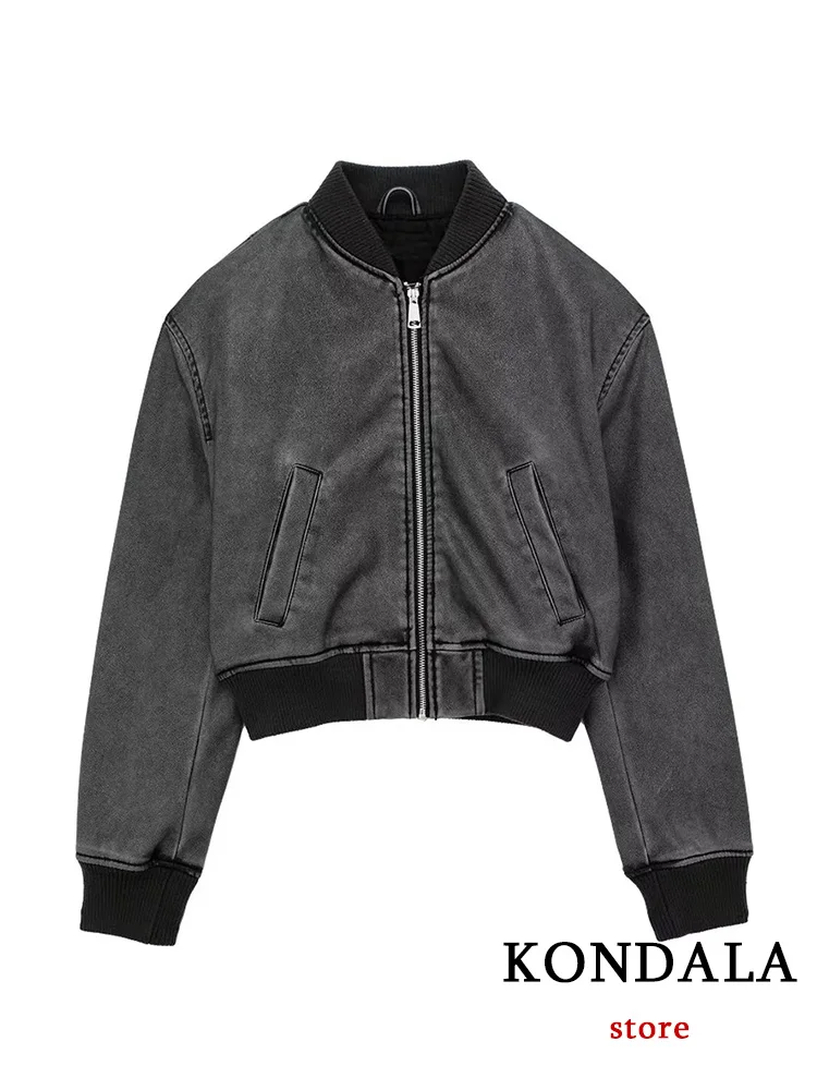 

KONDALA Vintage Casual Chic Bomber Jacket Solid Zipper O-Neck Pocket Long Sleeve Short Coats Fashion 2023 Autumn Winter Coats