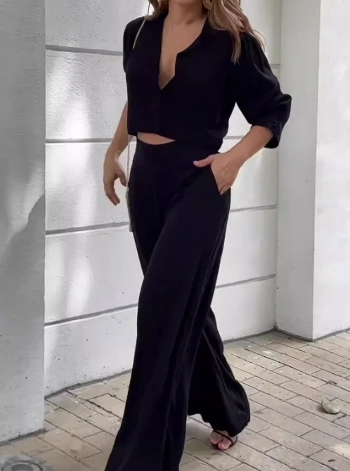 Pants Sets for Women 2024 Spring Summer Elegant Solid Color Buttons Short Top and Fashion Wide Leg Pants Women's Two-Piece Set