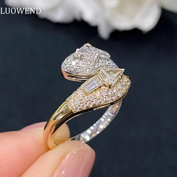LUOWEND 18K White and Yellow Gold Rings Real Natural Diamond Luxury Double Snake Head Design Jewelry for Women Senior Banquet