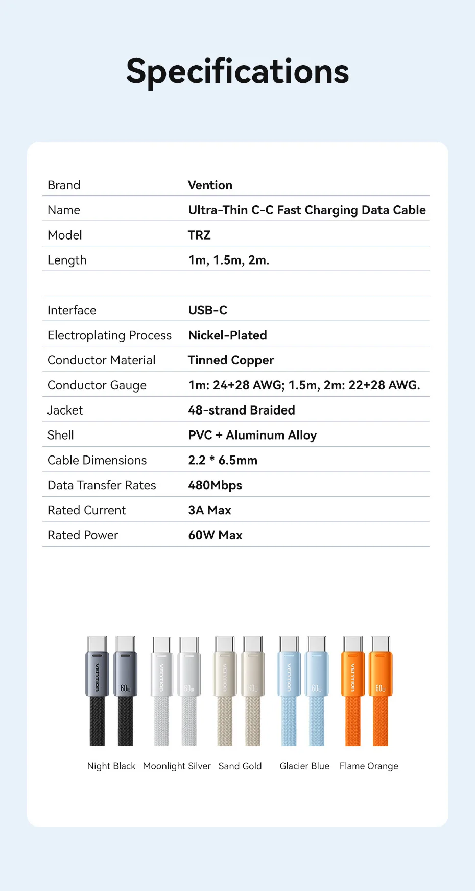 Vention USB-C auf Typ-C Kabel 3A Ultra-Dünn PD60W Schnellladekabel Typ-C Kabel für iPhone 17 16 15 Samsung S24 Xiaomi 17 – Detail 12