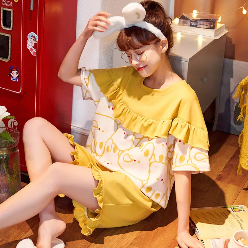 

Lovely Cute Summer Girl Sleepwear Print Cartoon Short Sleeve Pajamas Set Home Cotton Soft Lounge