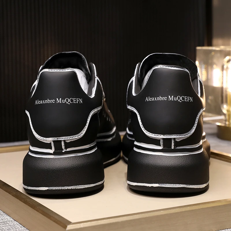 Handmade Men's Leather Sneaker Painting Design Cowhide Unisex Platform Loafers Calf Leather Women's Flat Sneakers Large Lace