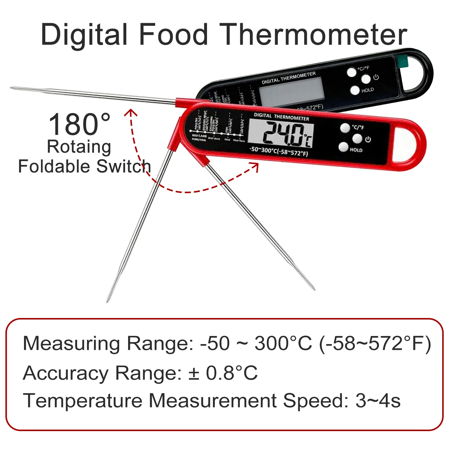 Precision Instant Read Digital Meat Thermometer - Red & Black Kitchen Gadget