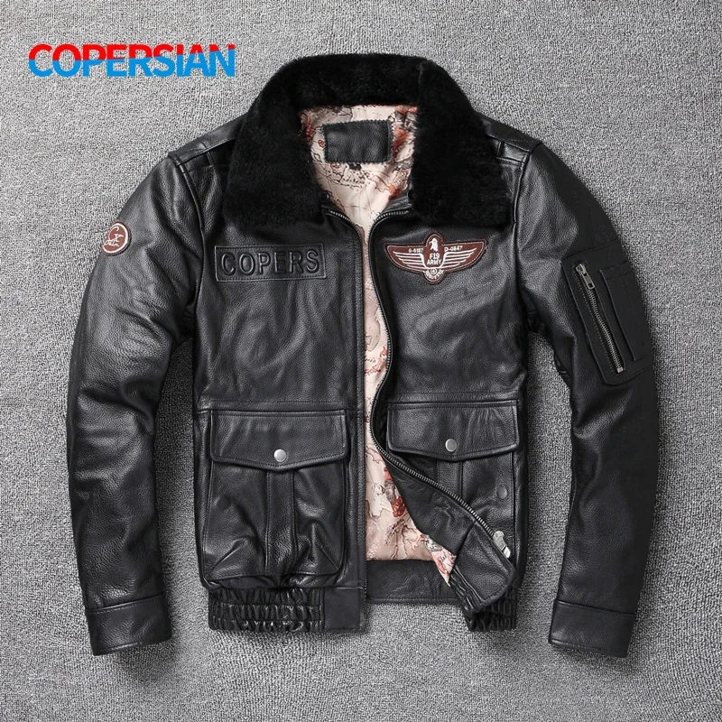 

Vintage Men's First Layer Cowhide Air Force Bomber Jacket Detachable Fur Collar Plus Cotton Size Leather Coat