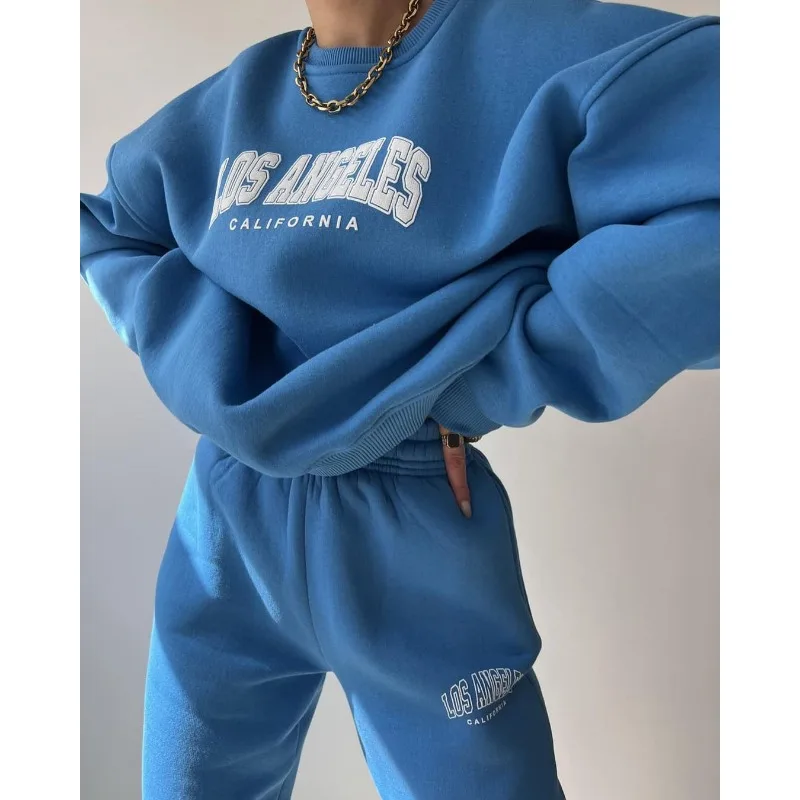 Women Print Tracksuit Autumn Sports Suit Solid Long Sleeve Pullover Pants Casual Loose Pants Sets Y2k Streetwear Harajuku O-neck