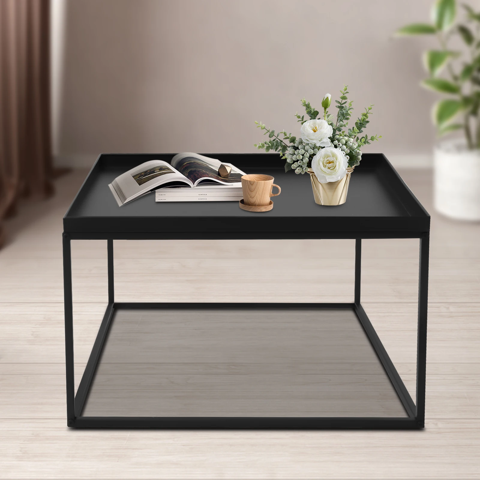 

Black Rectangular Tray Metal End Table, Modern Accent Table Small Side Table Sofa Table Waterproof Snack Table Accent Coffee Tab