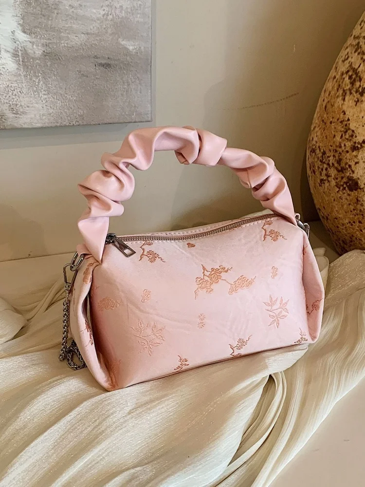 Elegant Pleated Handbag Chinese Ethnic Style Floral Women Shoulder Crossbody Bag  All Match Itabag Designer Commuting Bag