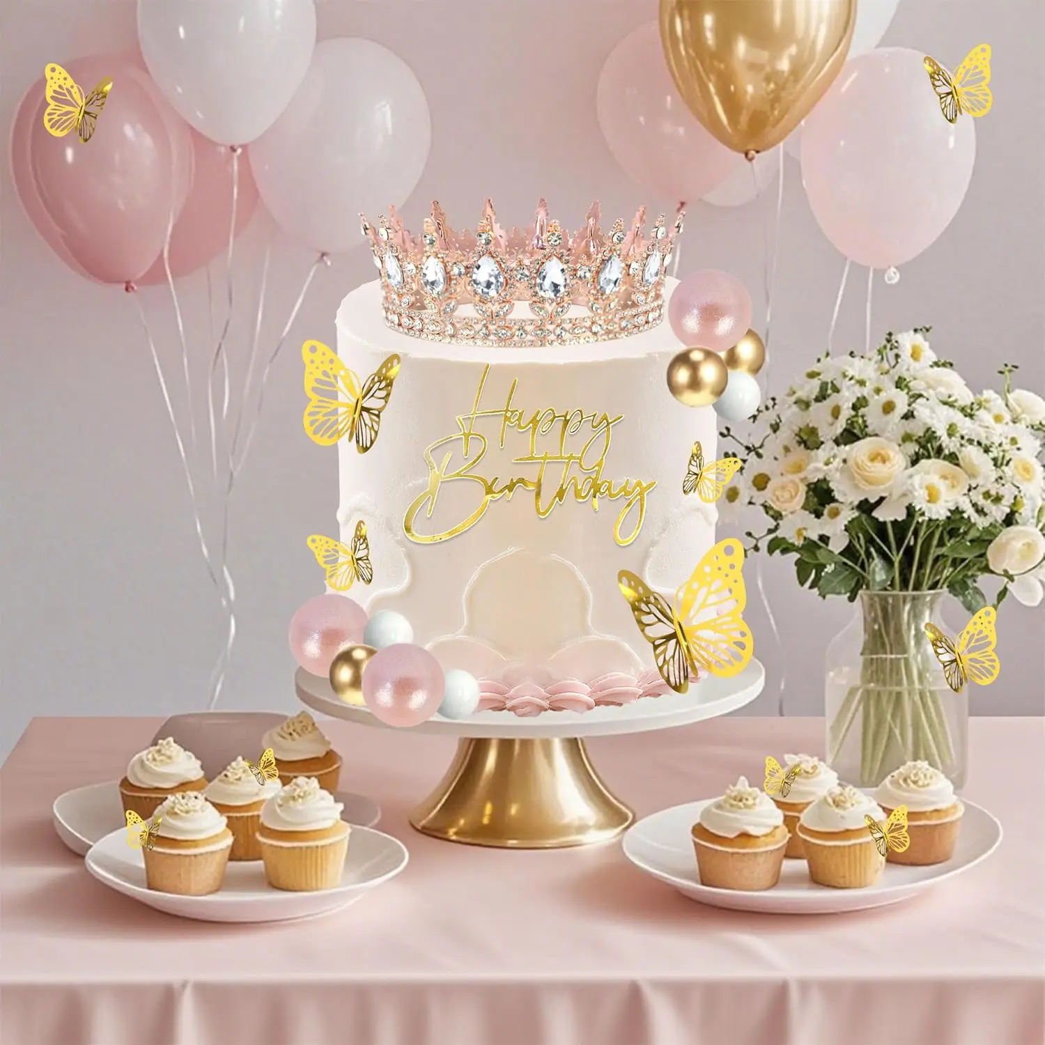 Kit Decorazioni Per Torta Compleanno - Corona Oro Con Cristalli, Farfalle, Palline E Candele Dorate