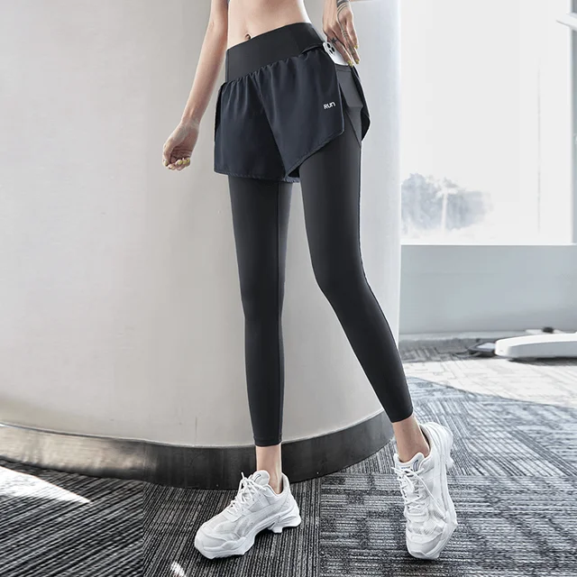 Outdoor Running Women Sweatpants Breathable Fake Two Pieces Long Pants Leisure Yoga Pilates Fitness Quick-Drying Casual Pants
