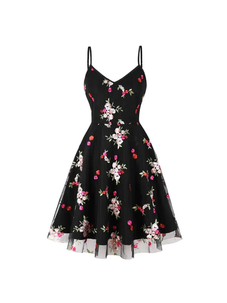 

2024 New Harajuku Vintage Big Flower Print Mesh Embroidered Dress Casual Retro High Waist Elegant Temperament Slim Short Dresses