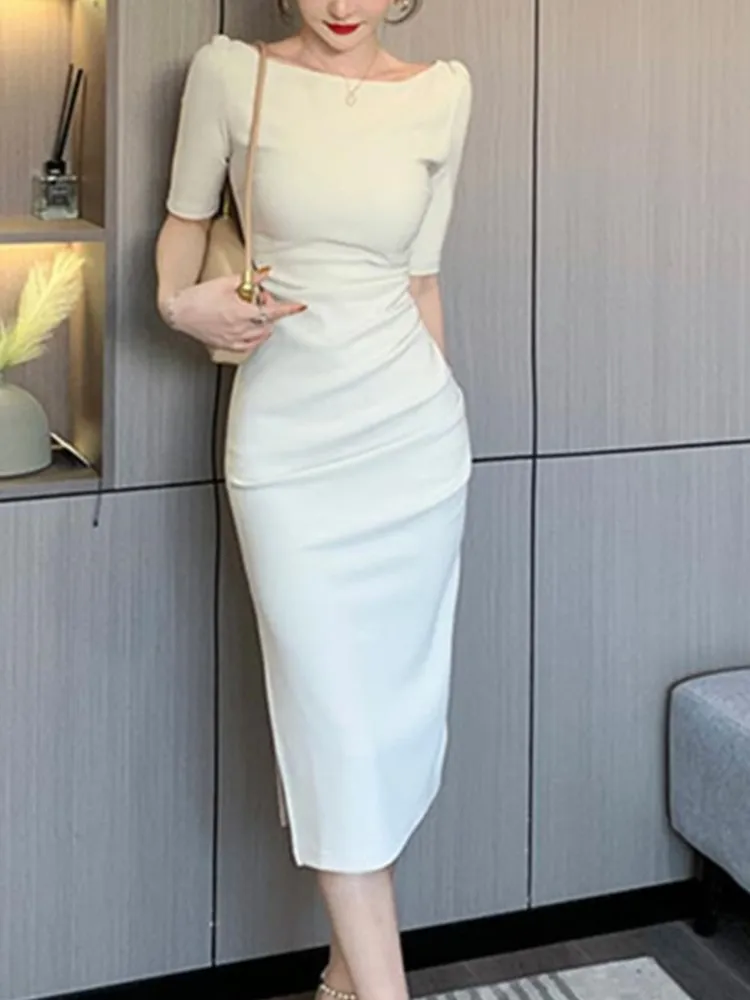 

2022 Summer New Elegant Midi Party Dress For Women Office Lady Solid One Piece Slim Bodycon Clothing Femme Fashion Vestidos