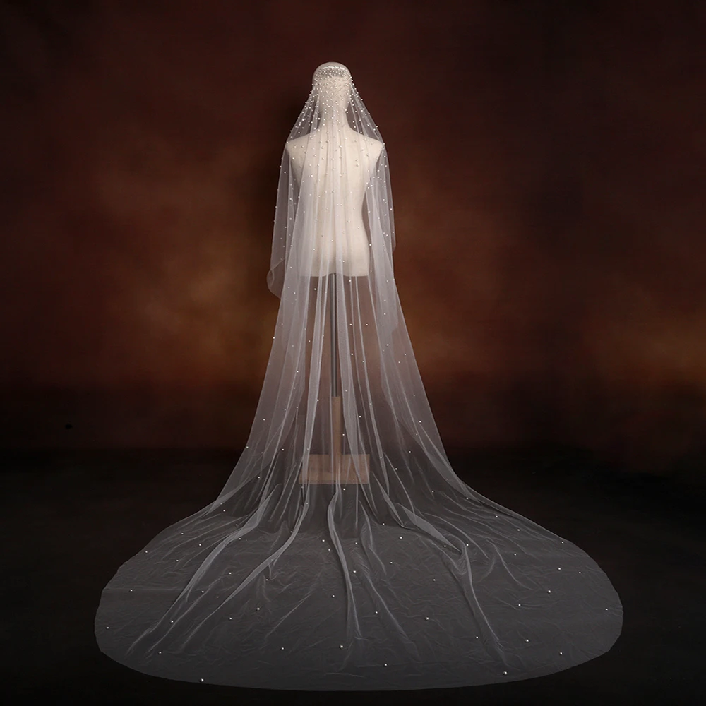 Wedding Veil Pearls Beaded Bridal Veils 1 Tier Soft Tull VP130 Waltz Splendour Pearls Nail Pretty Wedding Accessories