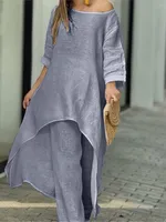 Ensemble pantalon Long en coton et lin pour femmes, mode solide, décontracté, hauts irréguliers, jambes larges, costumes de bureau, ensemble deux pièces, vêtements 3