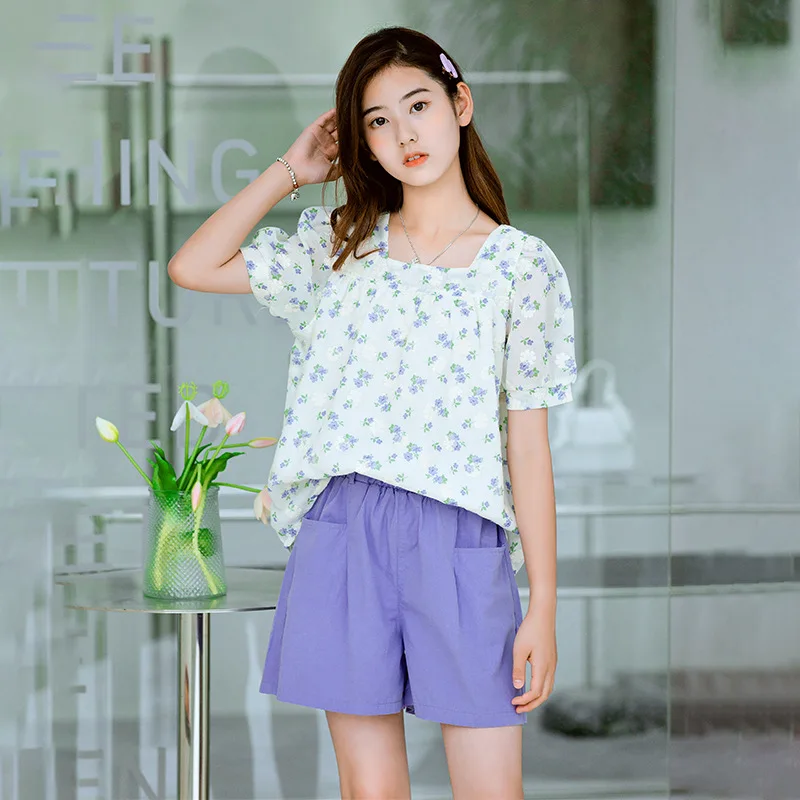 

Big Girls Cotton Clothing Sets Teen Floral Short Sleeve Square Collar Casual Shirt Shorts Two-piece Set Japanese Style Clothing