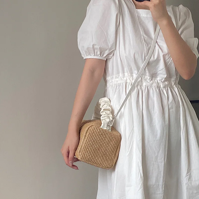 Summer Straw Handbag Women New Fashion Teenage Girls Retro Pleated Color Block Square Tote Crossbody Bag Trendy